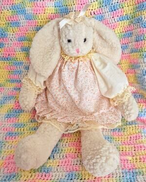 Vintage Midwestern Home Products Cream Bunny Rabbit Plush Floral Dress